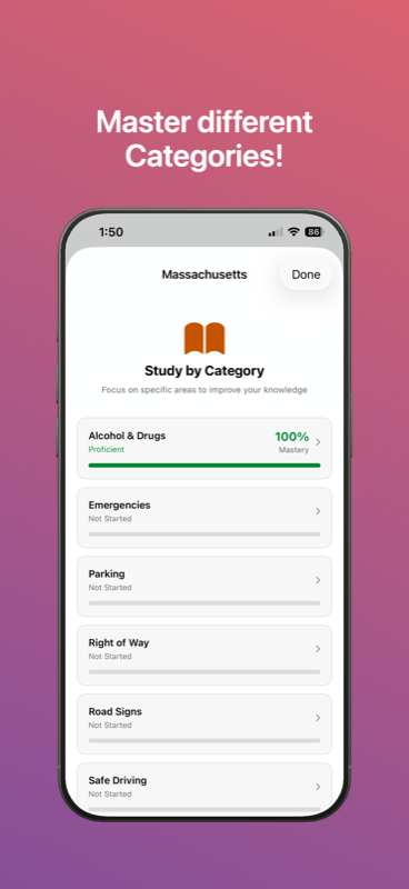 Category selection screen for focused studying